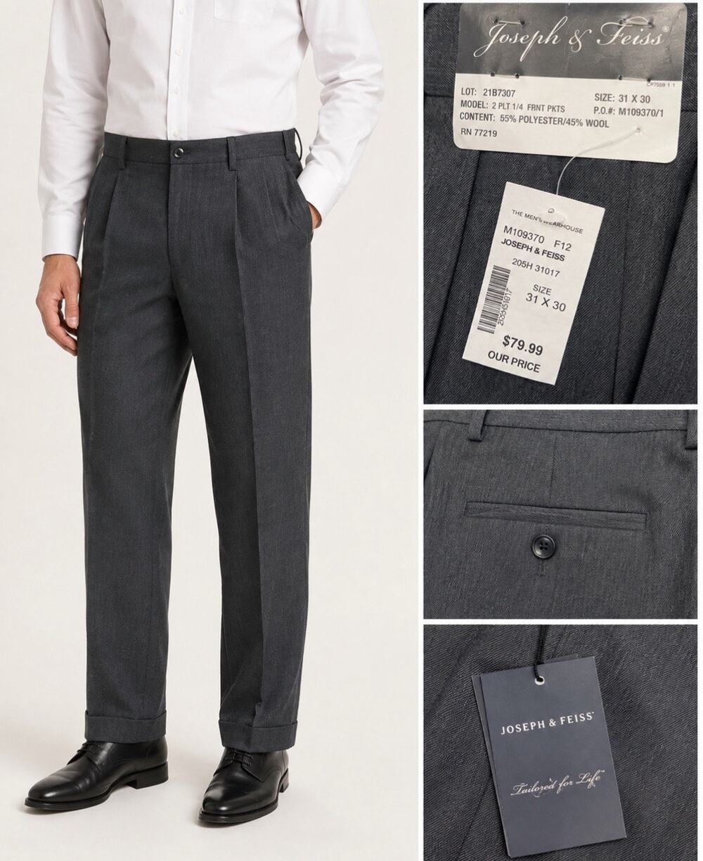 NWT Business Casual Joseph & Feiss Pleated Dress Pants Size 31x30 Charcoal Gray